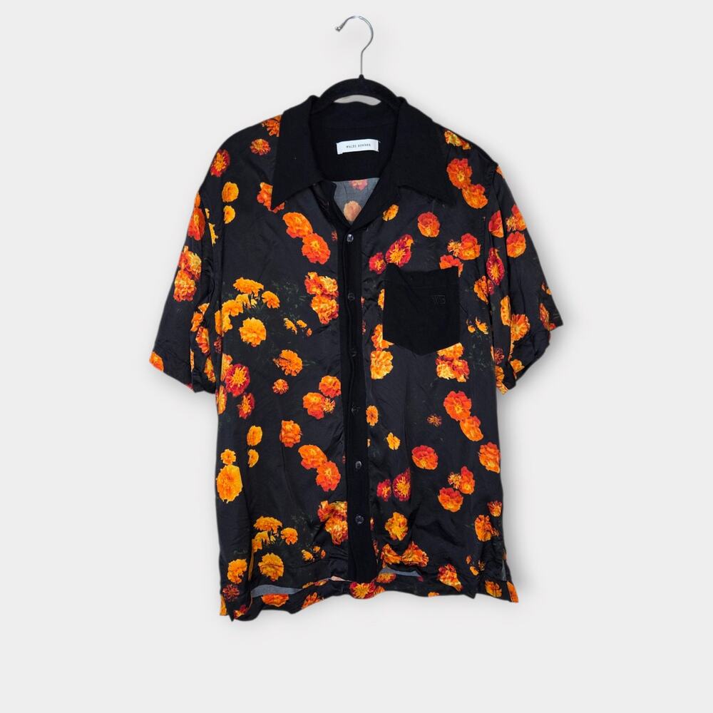 Wales Bonner Highlight Bowling Shirt Marigold Flowers Black Orange Men's Med